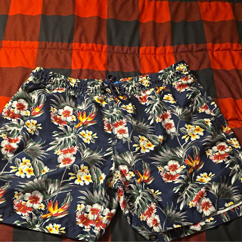 Blue Wave Men's XL Floral Hawaiian Swim Trunks Blue Drawstring Lined Pockets